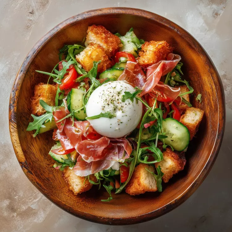 Salade panzanella toscane au basilic, mozzarella Maciocia et prosciutto