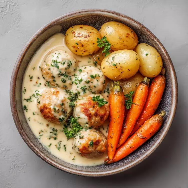 Boulettes de poulet, sauce miel Dijon, légumes grillés