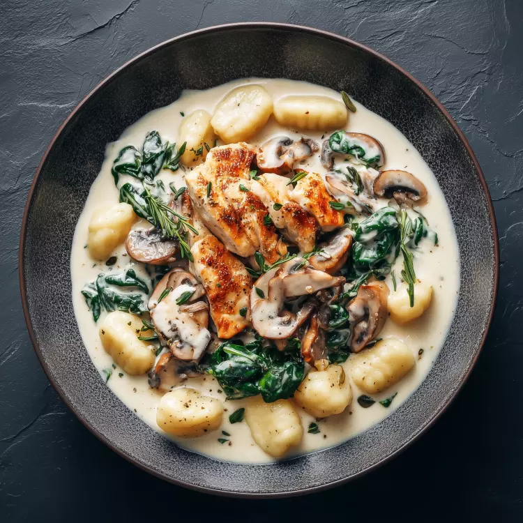 Poulet au Parmigiano et champignons, gnocchis et tombée d'épinards