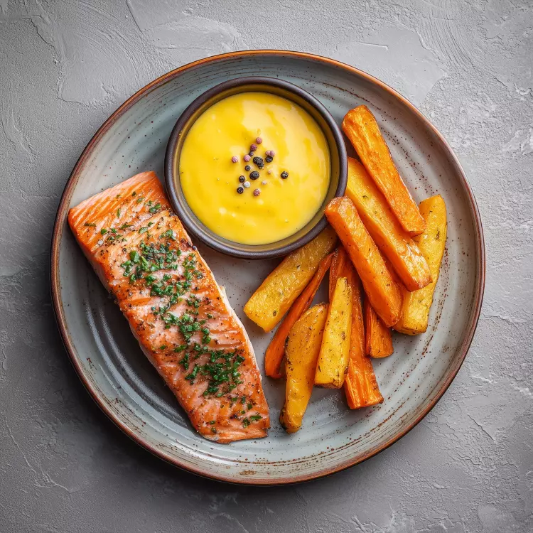 2 petits pavés de saumon, coulis de mangue, frites de légumes racines