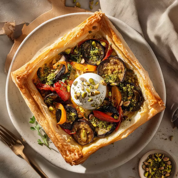 2 tartines feuilletées de légumes confits, tapenade de pistaches, mozzarella Buffarella