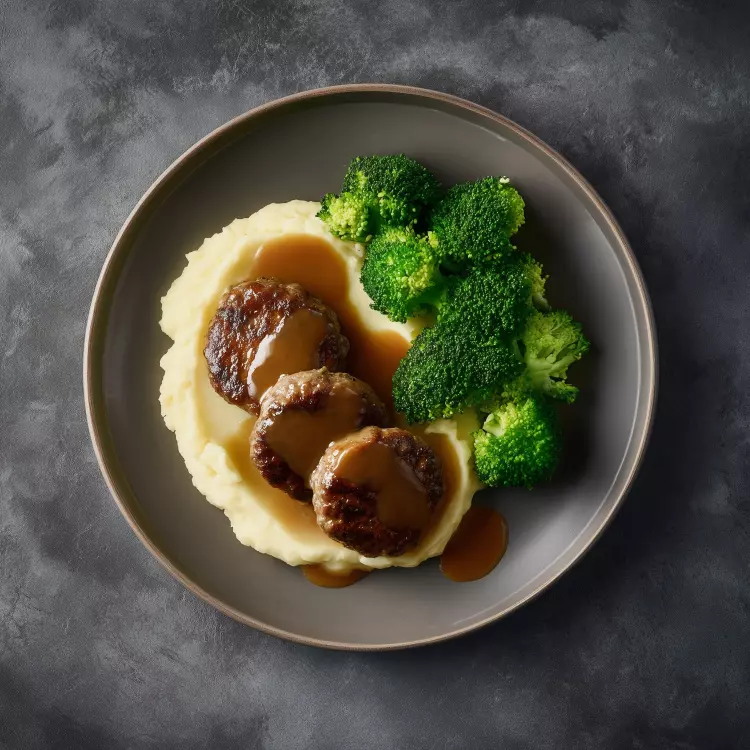 6 galettes de bœuf et légumes façon ''hamburger steak'', sauce gravy, purée de pommes de terre