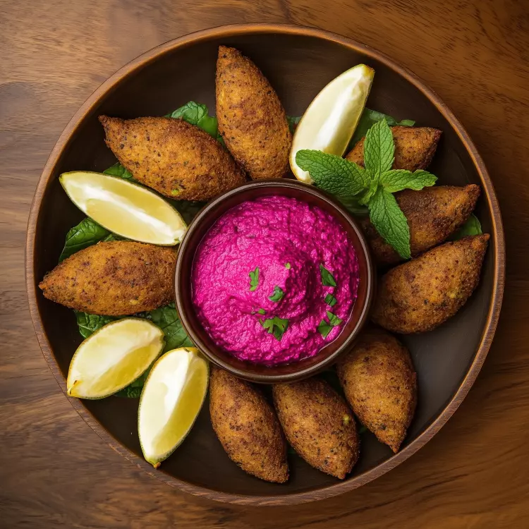 4 kebbes de bœuf des Filles Fattoush et légumes grillés sur hummus de betteraves (copie 6510)