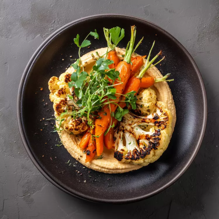 Assiette de chou-fleur et carottes rôtis, hummus de lentilles, salade d'herbes aux noix de Grenoble Assiette de chou-fleur et carottes rôtis, hummus de lentilles, salade d'herbes aux noix de Grenoble