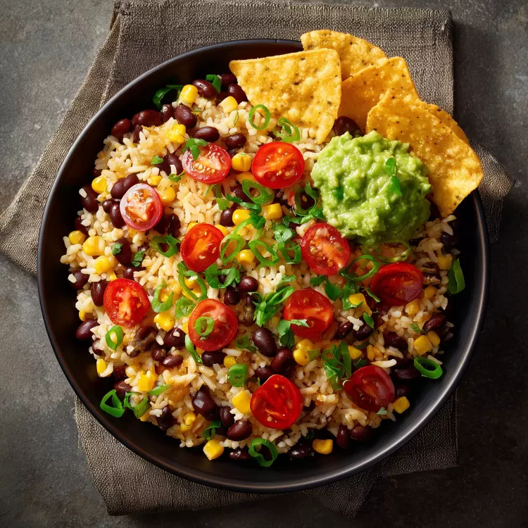 Bol-burrito végé de riz et légumineuses, sauce aux avocats