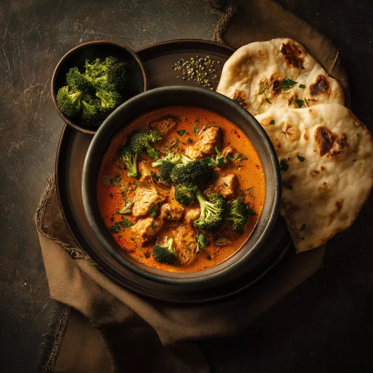Casserole de cari de poulet à la lime, légumes vapeur, naans à l'ail Casserole de cari de poulet à la lime, légumes vapeur, naans à l'ail