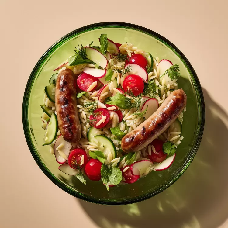 Salade de 2 saucisses moutarde et herbes, orzo, noisettes caramélisées (1 litre)