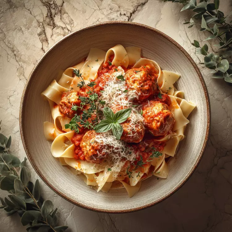 Polpettes de poulet, sauce tomate, papardelles