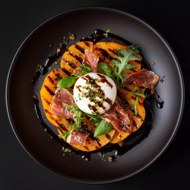 Courge butternut rôtie aux herbes, chips de prosciutto, réduction balsamique, mozzarella de bufflone