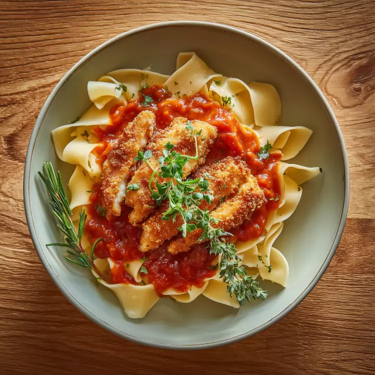 4 schnitzels de poulet, sauce marinara, papardelles