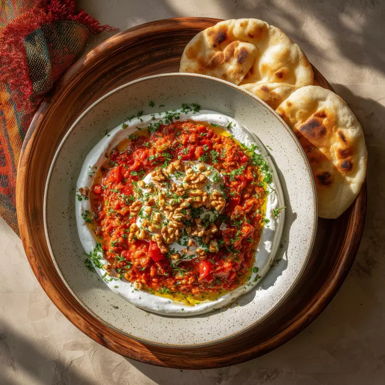 Confit de tomates façon ezme turc sur yogourt citronné, noix de Grenoble