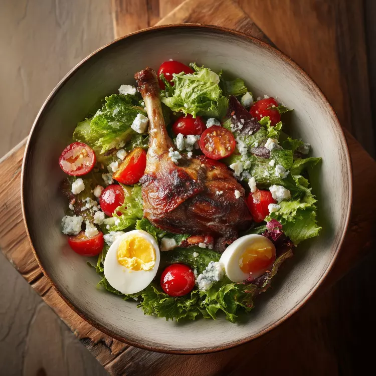 Salade-repas cobb de 2 cuisses de canard, bacon, œufs et fromage Bleu d'Elisabeth