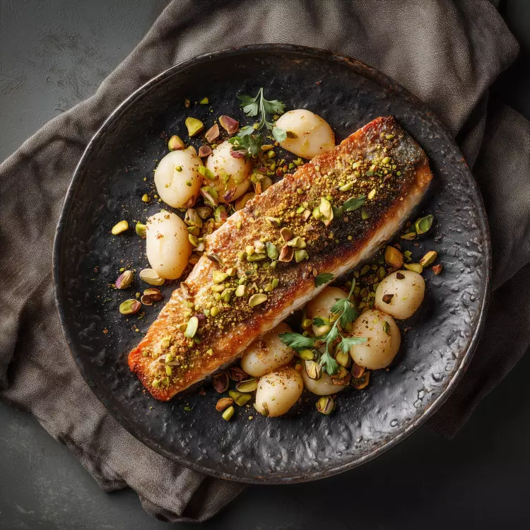 2 filets d'omble chevalier Opercule de Ahuntsic en croûte de pistache et coriandre, gnocchis