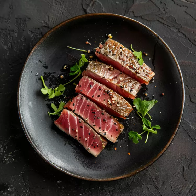 2 steaks de thon rosés, champignons marinés