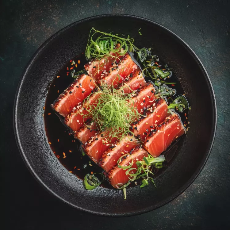 Tataki de saumon (200g), sauce ponzu au yuzu