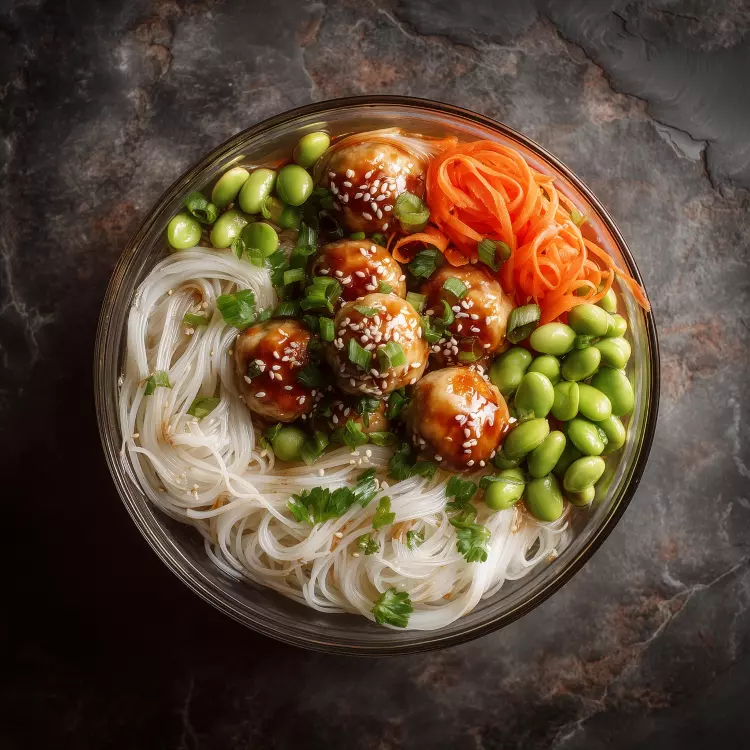 Bol bun cha de mini-croquettes de poulet à la vietnamienne, vermicelles de riz, légumes frais