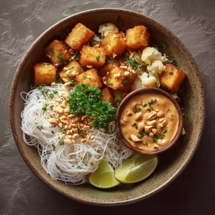 Tofu grillé en sauce aux arachides, vermicelles de riz