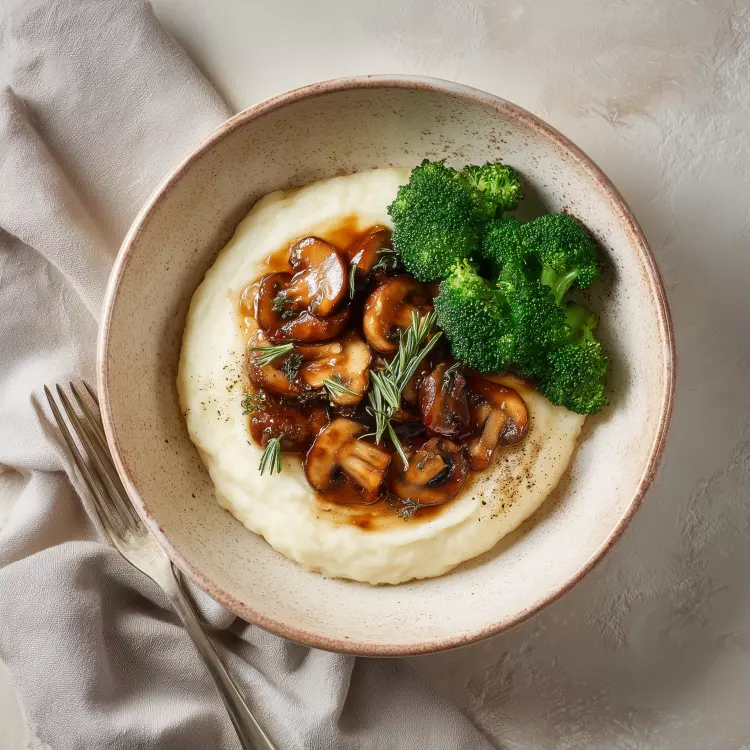 Ragoût de champignons, purée au parmigiano, broccolinis