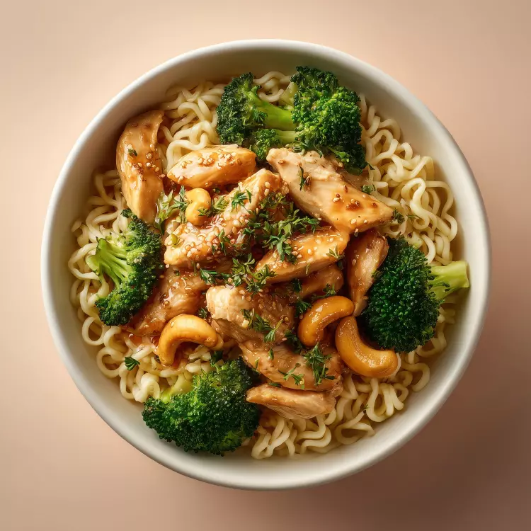 Sauté de poulet yakitori aux noix de cajou et ramens