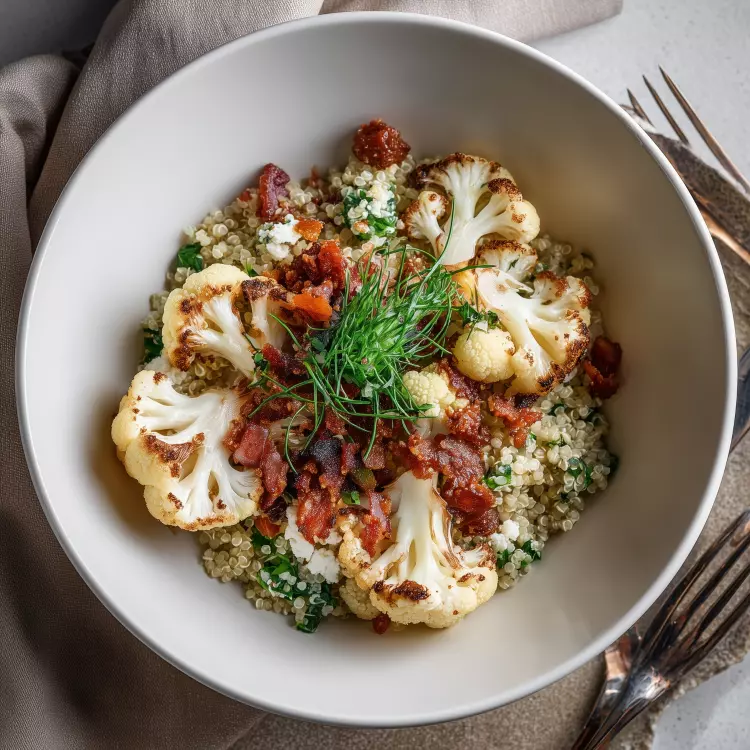 Salade de quinoa au chou-fleur rôti, crumble de pancetta, chimichurri (750ml)