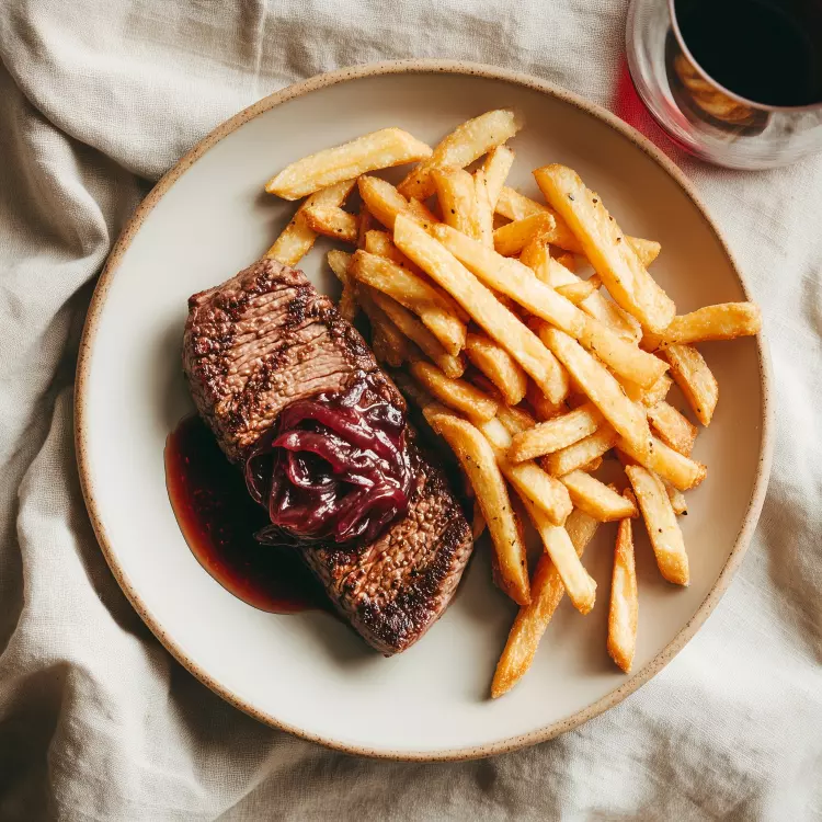 2 steaks de macreuse de bœuf, sauce à l'échalote, frites de pommes de terre