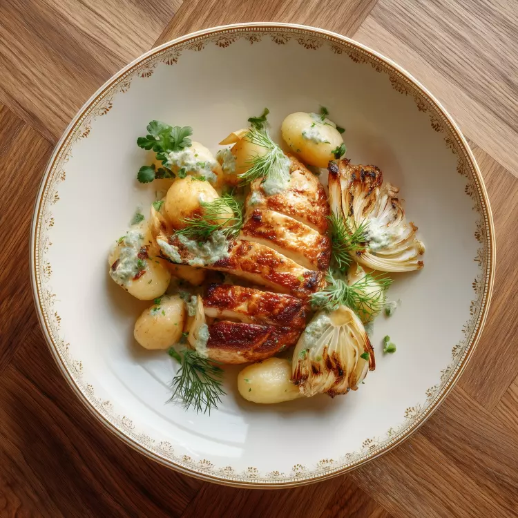 2 poitrines de poulet, beurre blanc citronné, gnocchis et légumes rôtis
