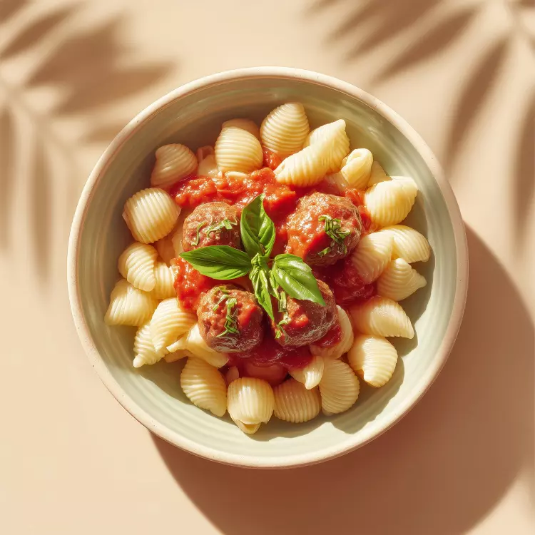 Polpettes de bœuf, sauce marinara, coquillettes