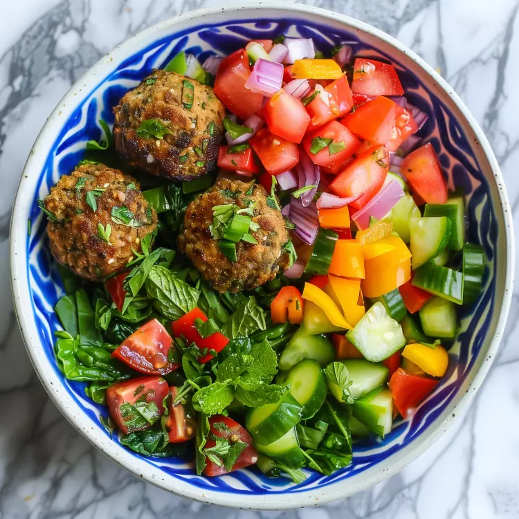 Salade-repas de 8 kebbes au boeuf des Filles Fattoush, vinaigrette à la mélasse de grenade