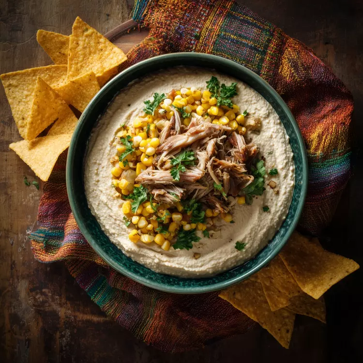 Carnitas de pulled-pork à la mexicaine sur purée citronnée de haricots blancs, chips de tortillas