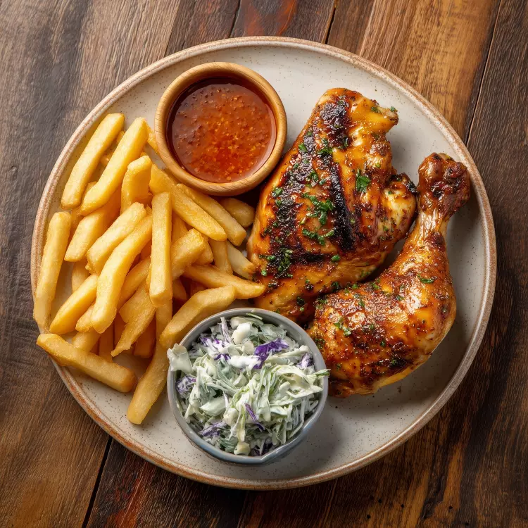 On se fait livrer un demi-poulet rôti, sauce piri-piri, salade de chou, frites de pommes de terre