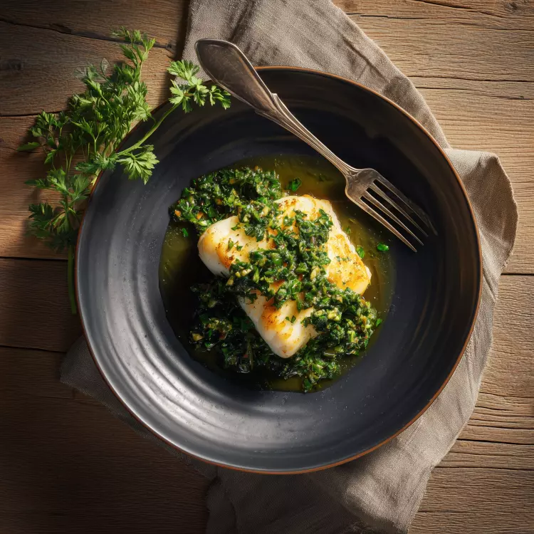 Pavés de flétan du Golfe du St-Laurent (2), sauce vierge aux baies de sureau immatures et artichauts