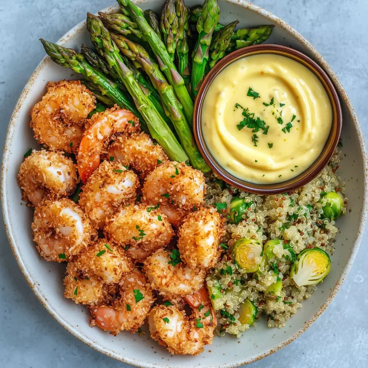 Crevettes en croûte de noix de coco (12), sauce mangue, lime, cari