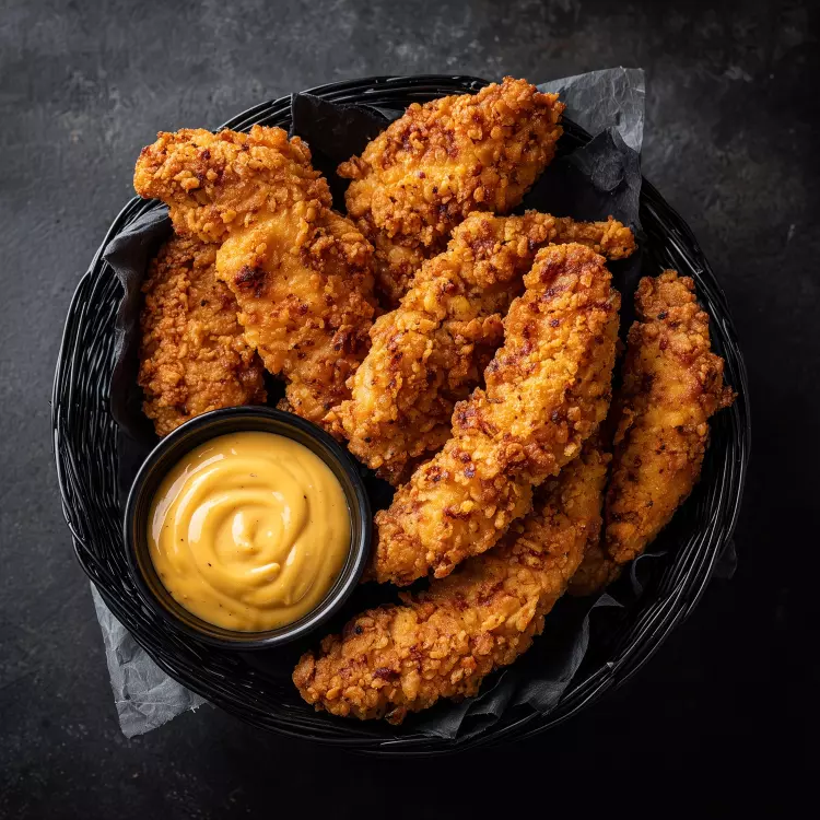 Doigts de poulet croustillants au sésame, sauce au miel d'Anicet, ail et gingembre