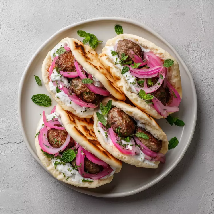 4 sandwichs-pitas de keftas de bœuf, sauce aux fines herbes fraîches, oignons marinés au sumac