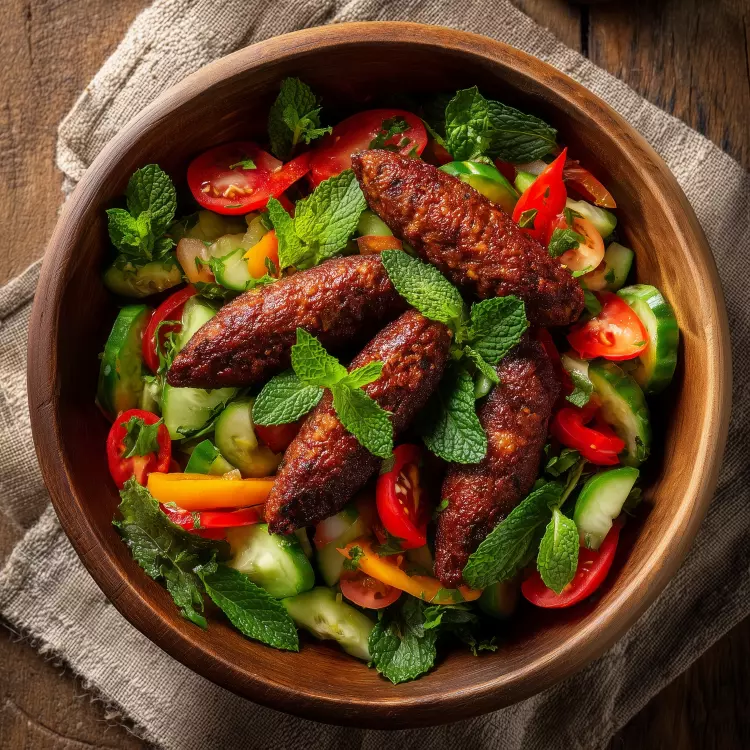 Salade-repas de 8 kebbes au boeuf des Filles Fattoush, vinaigrette à la mélasse de grenade