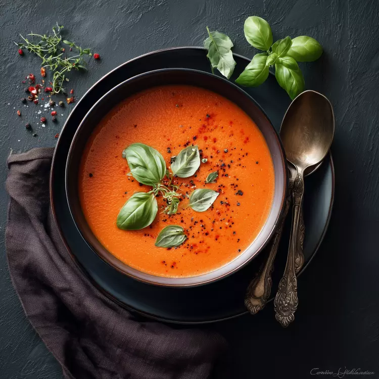 Potage de poivrons et tomates, infusion de basilic