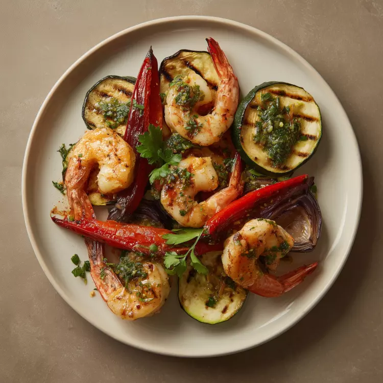 12 crevettes tigrées à la sud-américaine, légumes rôtis