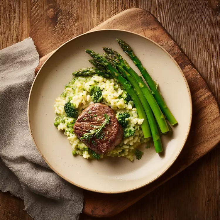 2 steaks de macreuse de bœuf, orzotto au brocoli