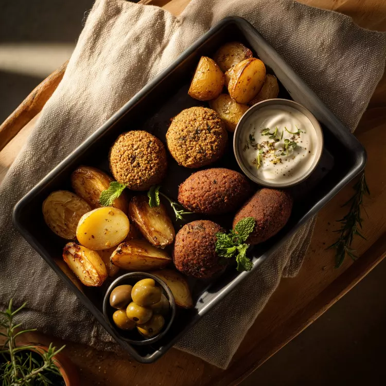 Kit sur plaque - 8 mini-falafels et 4 kebbes au bœuf des Filles Fattoush, légumes au zaâtar, sauce à l'ail