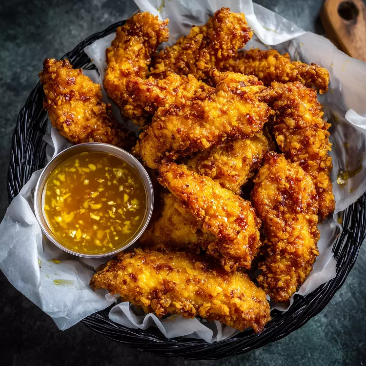 Doigts de poulet croustillants au sésame, sauce au miel d'Anicet, ail et gingembre