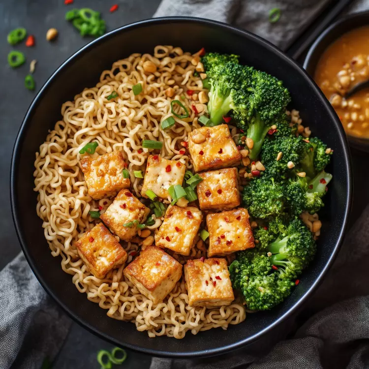 Bol  de tofu croustillant, riz à sushi et légumes, sauce katsu aux arachides