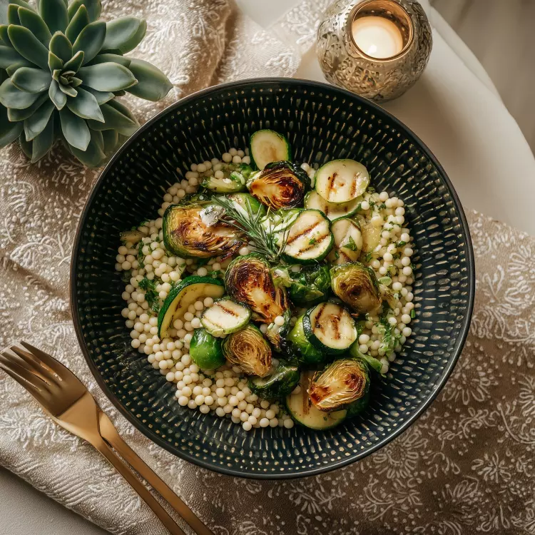 Salade de couscous perlé aux légumes et halloumi grillés, vinaigrette cari (750ml)