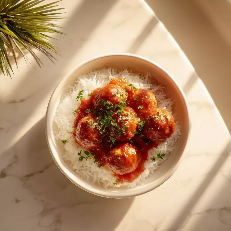 Boulettes de viande, sauce parmigiana, riz à grains longs