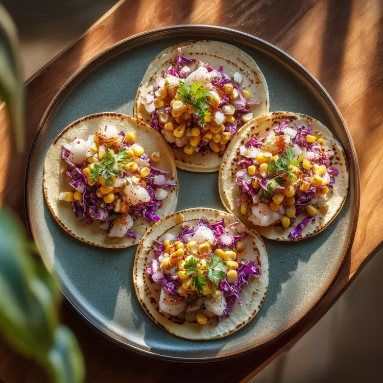 4 tacos de ceviche d'aiglefin, maïs grillé, salade de chou à la coriandre