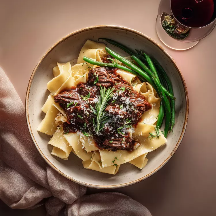 Braisé de boeuf au vin rouge, papardelles, légume vert