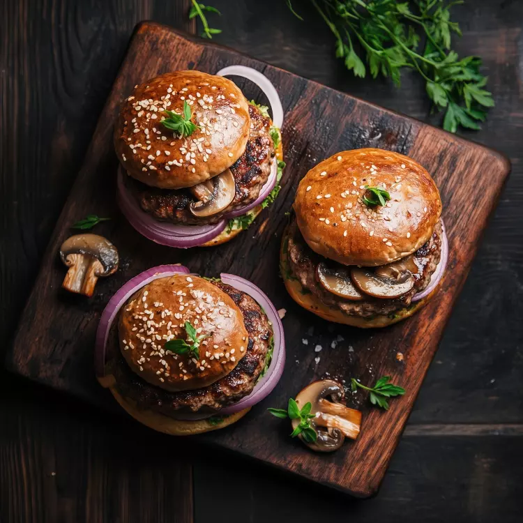 4 burgers 100% bœuf au Gruyère, champignons, frites et cornichons