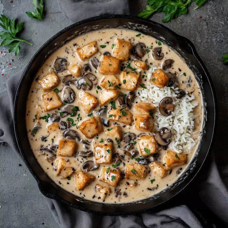 Fricassée de poulet aux champignons riz basmati
