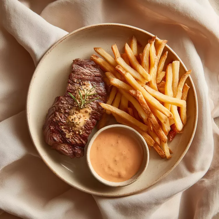 2 steaks de bavette de bœuf, sauce au poivre, frites de pommes de terre