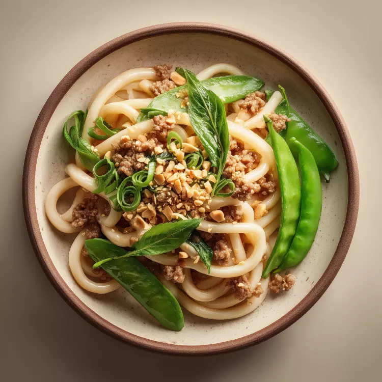 Stir-fry de porc dan dan au gingembre et arachides, udon et pois sucrés