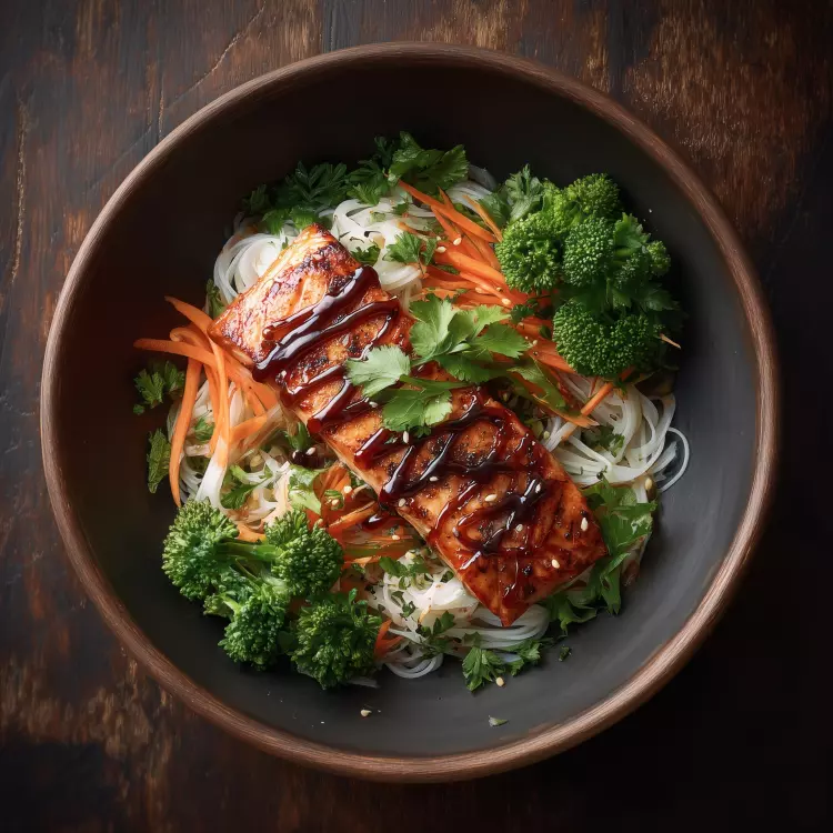 Bol teriyaki de saumon, vermicelles et légumes sautés